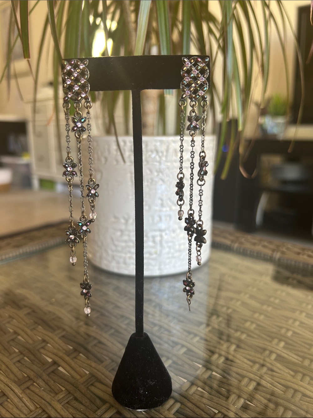 Iridescent Floral Chain Drop Earrings in Gunmetal